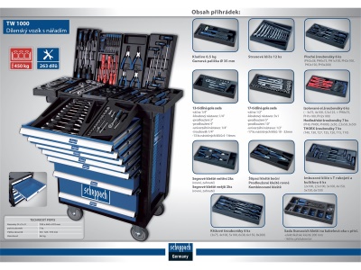 Scheppach TW 1000 - dílenský vozík s nářadím, 7 zásuvek, 263 dílů